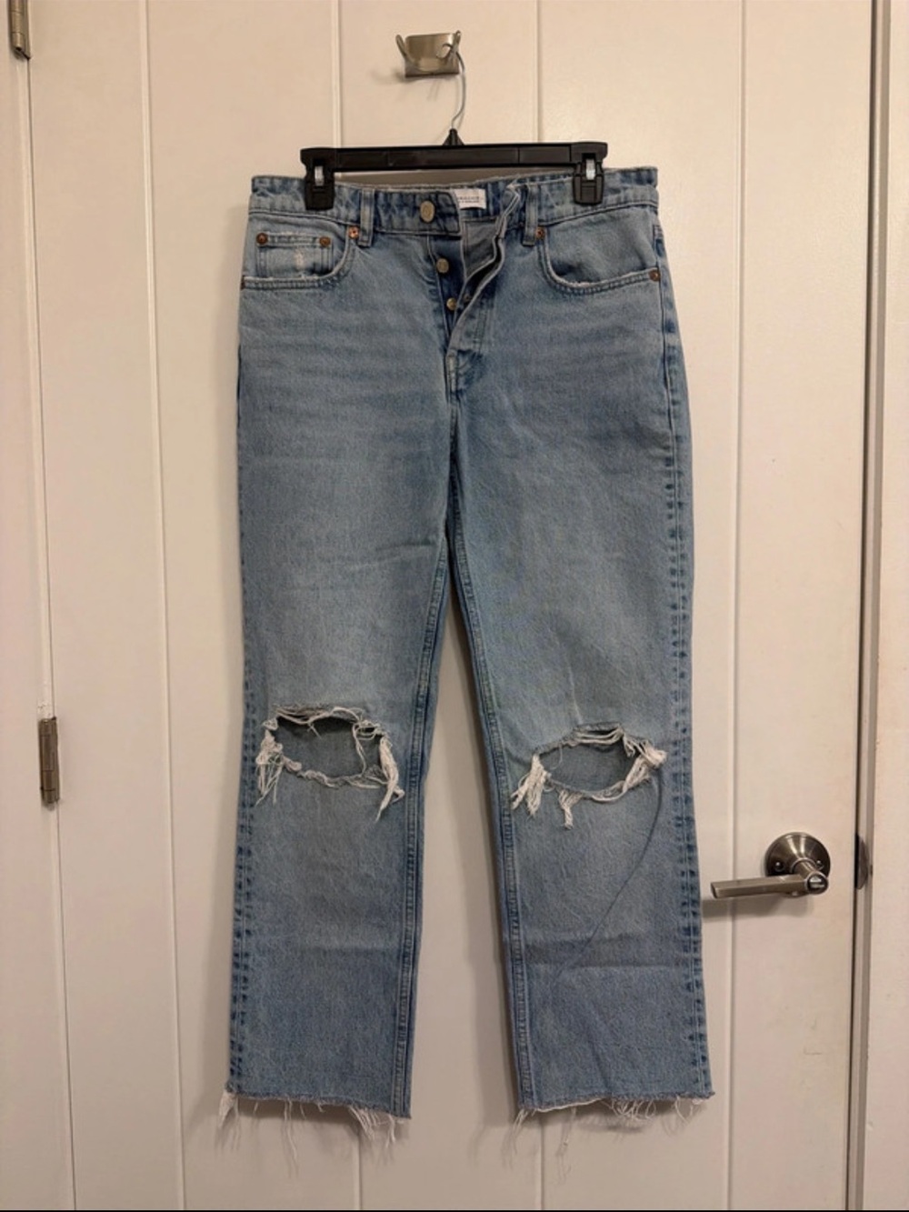 Zara Light Blue Distressed Straight-Leg Jeans
